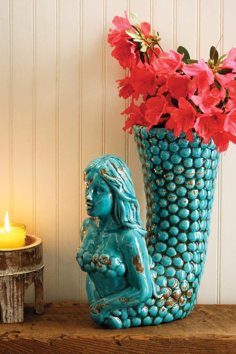 Ceramic Weathered Turquoise Mermaid Vase Planter Pot Utensil Or Wine Holder