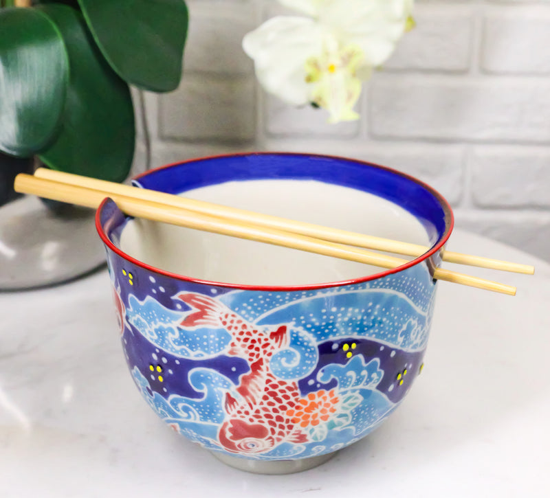 Auspicious Red Koi Fishes In Blue Waters Donburi Ramen Bowl With Chopsticks Set