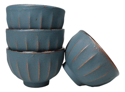 Blue Gold Ridged Lines Japanese Tetsubin Style Cast Iron Tea Cups Set of 4