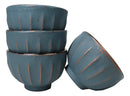 Blue Gold Ridged Lines Japanese Tetsubin Style Cast Iron Tea Cups Set of 4