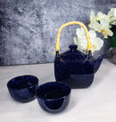 Speckled Navy Blue Zen Fusion Reactive Glaze 32oz Teapot With 2 Tea Cups Set
