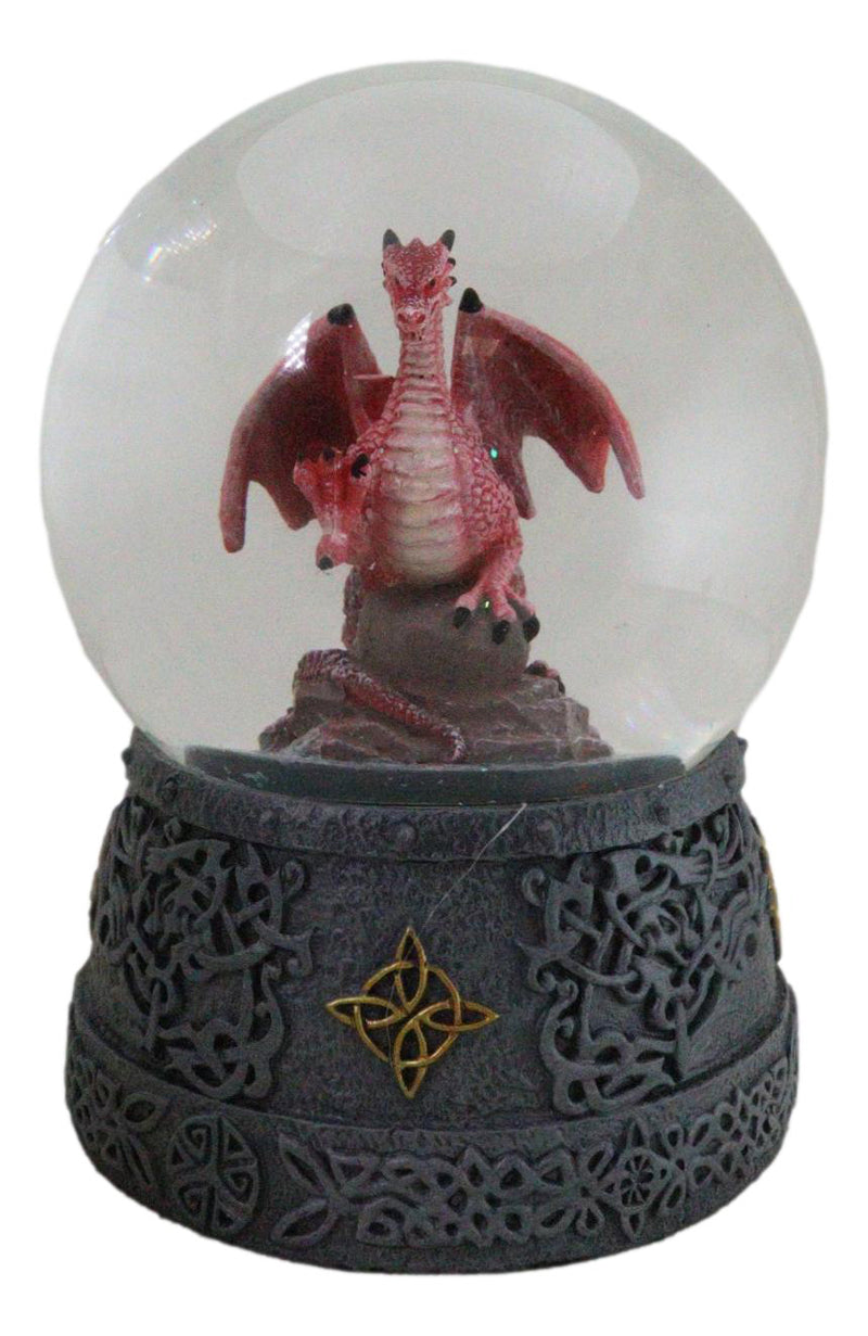 Fantasy Celtic Quadrilateral Knotwork Red Volcano Dragon Water Globe Figurine