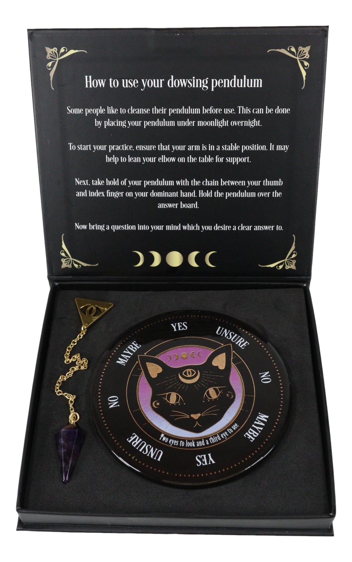Wicca Astrology Witchcraft Mystic Mog Black Feline Cat Pendulum Divination Kit