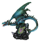 Large Aquamarine Iridescent Dragon Guarding LED Faux Crystal Geode Rock Figurine