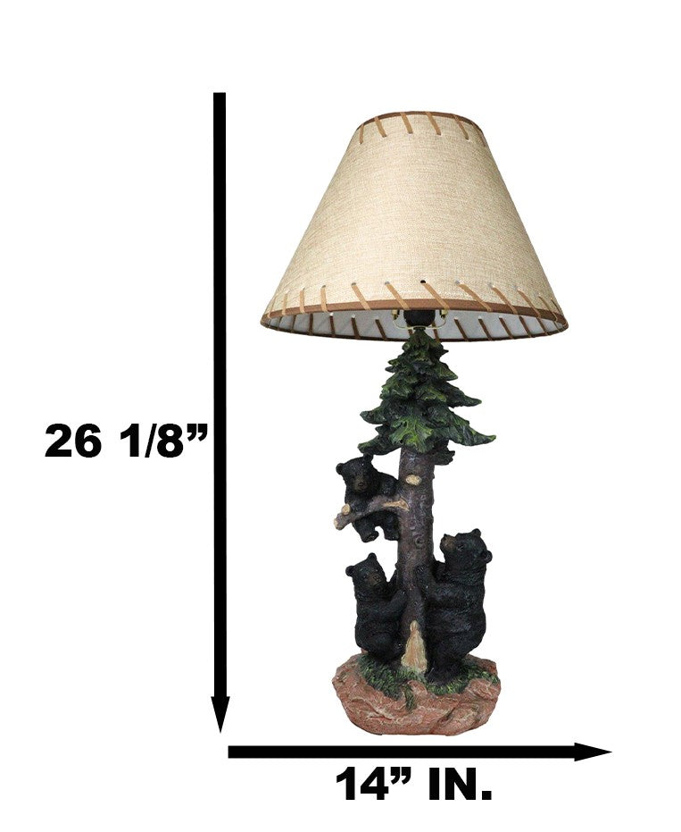 Rustic Western Forest Black Mama Bear With Cubs Climbing On Pine Tree Table Lamp