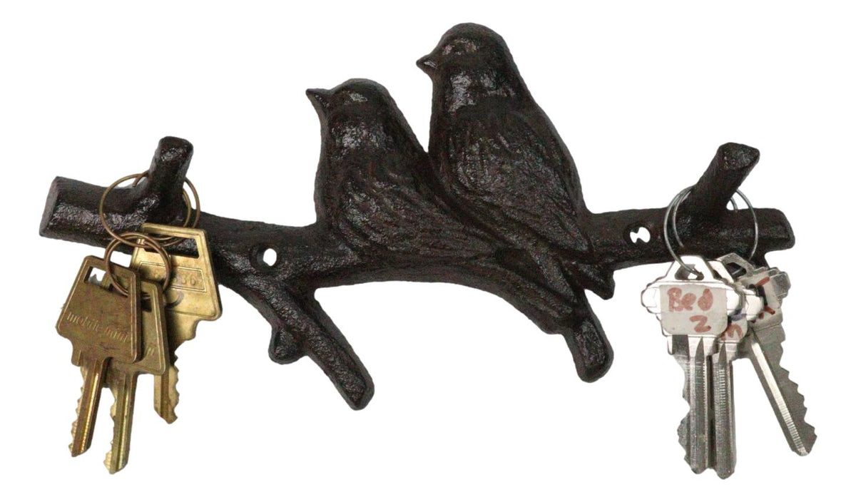 Set of 2 Cast Iron Rustic 2 Lovebirds Perching On Branch 2-Pegs Wall Hooks