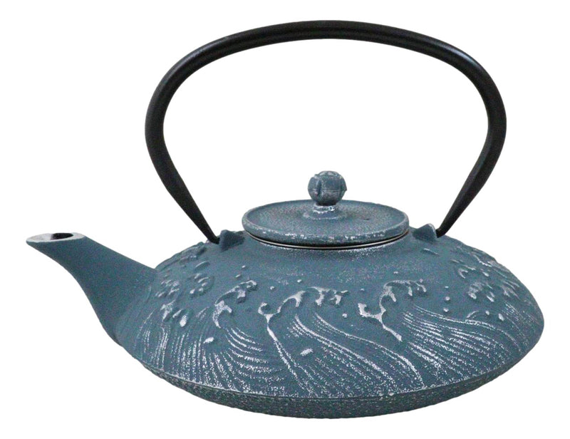Royal Blue Ocean Sea Waves Cast Iron Tetsubin Teapot With Enamel Liner