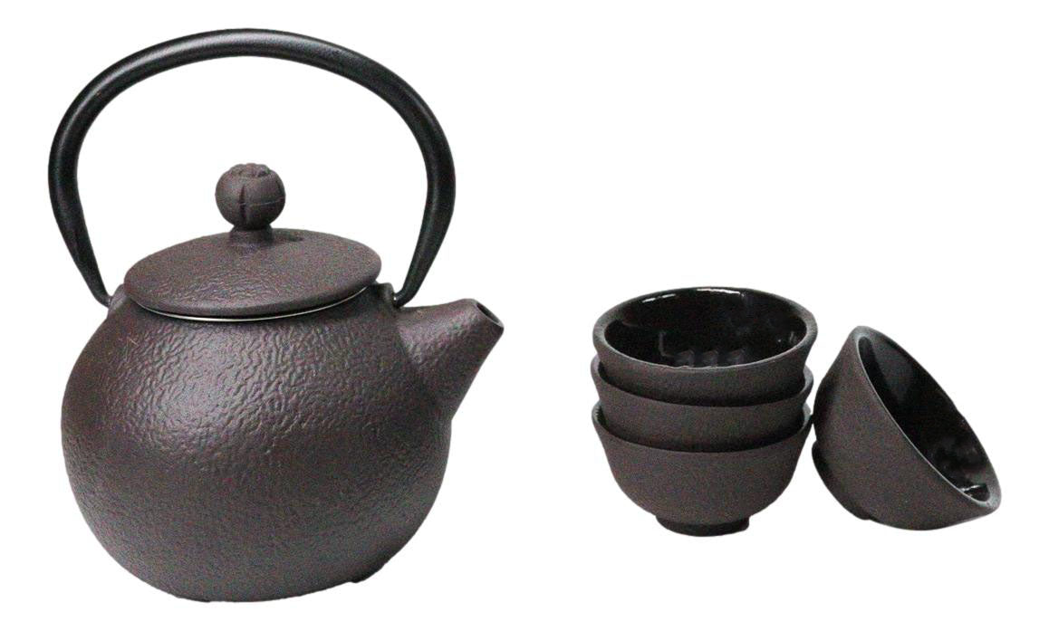 Round Dark Brown Textured Petite Cast Iron Teapot 10oz With 4 Mini Tea Cups Set