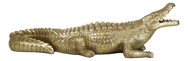 Large 2 Feet Gold Patina Crocodile Baring Jaws and Razor Teeth Garden Statue