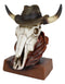 Western Cowboy Horned Cow Skull with Hat and Bandana Scarf Desktop Figurine
