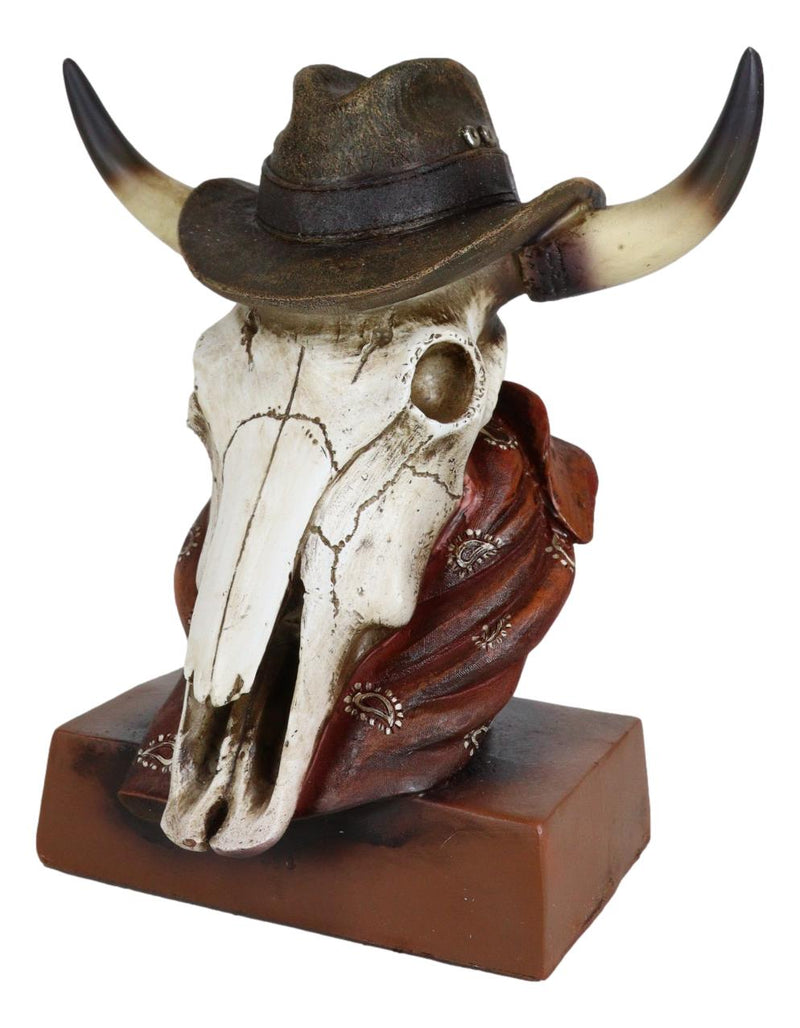Western Cowboy Horned Cow Skull with Hat and Bandana Scarf Desktop Figurine