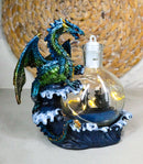 Metallic Sea Dragon Rising Above Waves by LED Glass Bottle With Ship Figurine