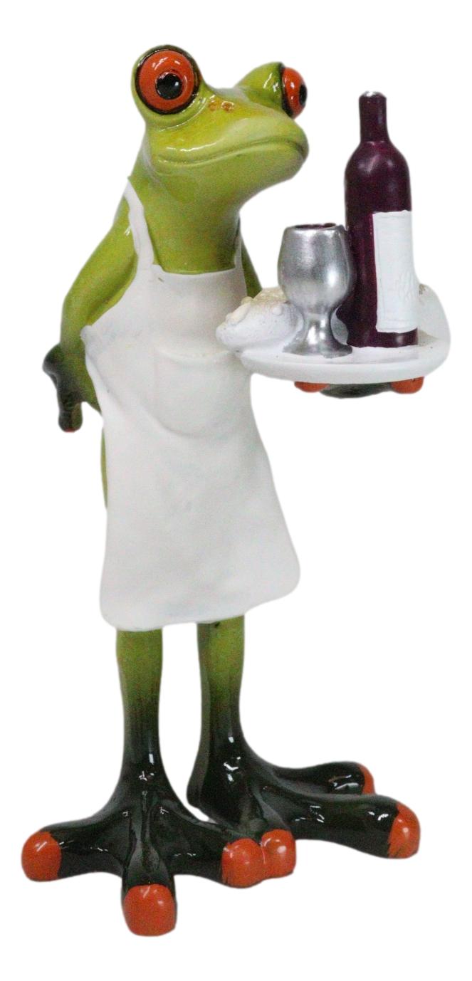 Green Toad Frog Butler Waiter With Wine Glass Bottle And Bread Tray Figurine 6"H