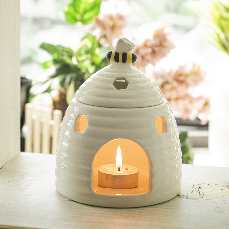 White Whimsical Bumblebee Beehive Ceramic Essential Oil Warmer Candle Holder