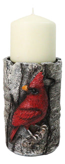 Red Cardinal Faux Birchwood Tree Pillar Candle Holder Rustic Songbird Figurine