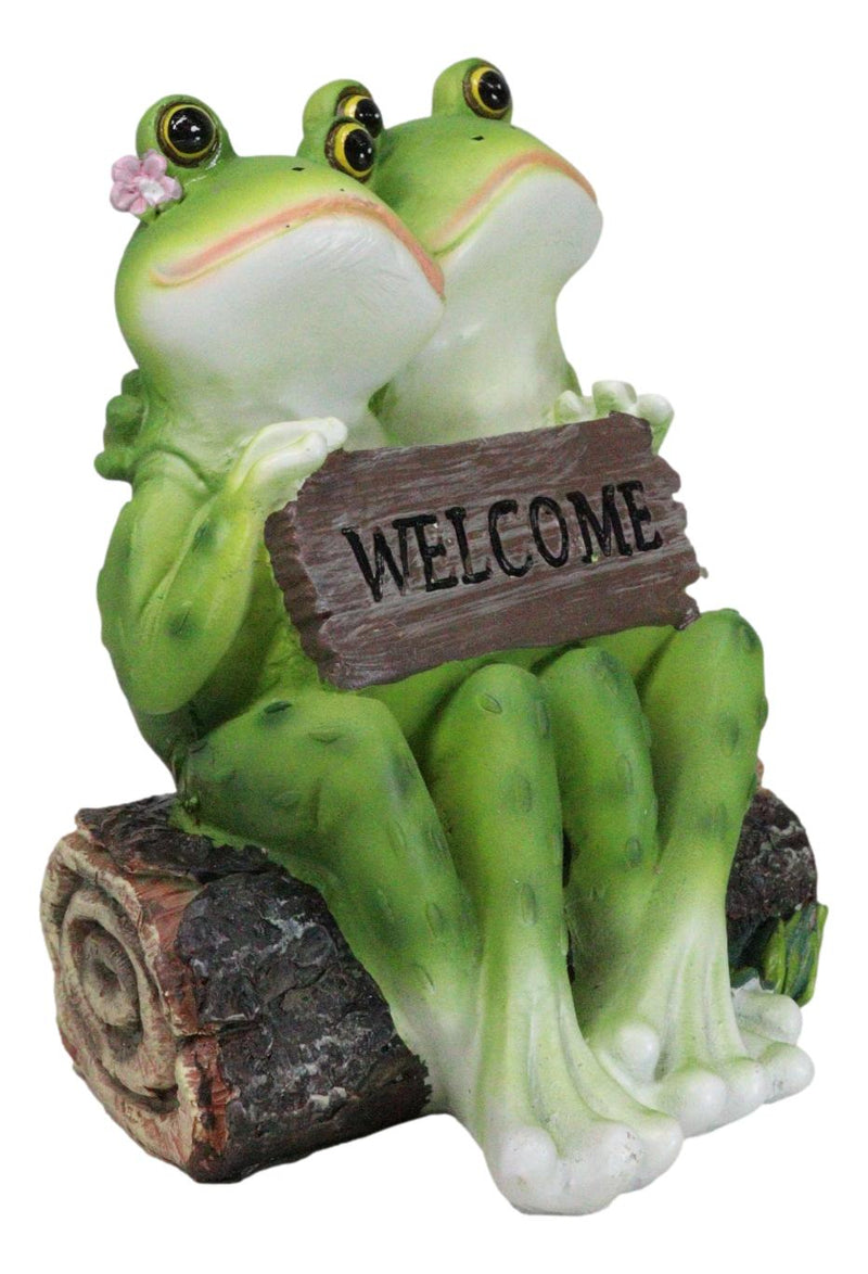 Romantic Frog Couple Sitting On Log Bench Holding Welcome Plank Sign Figurine