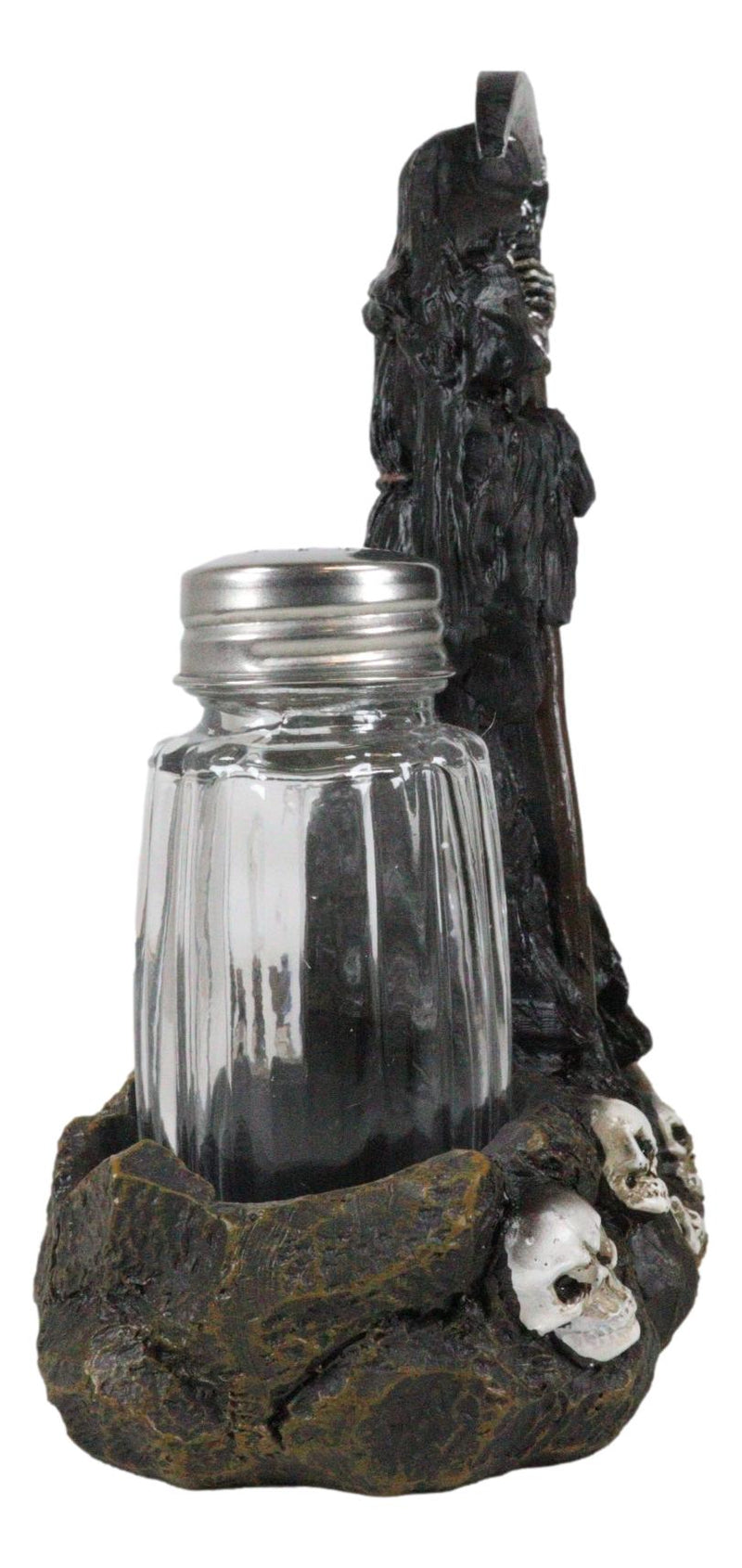 Grim Reaper Standing On Skull Graveyard Salt & Pepper Shakers Holder Set