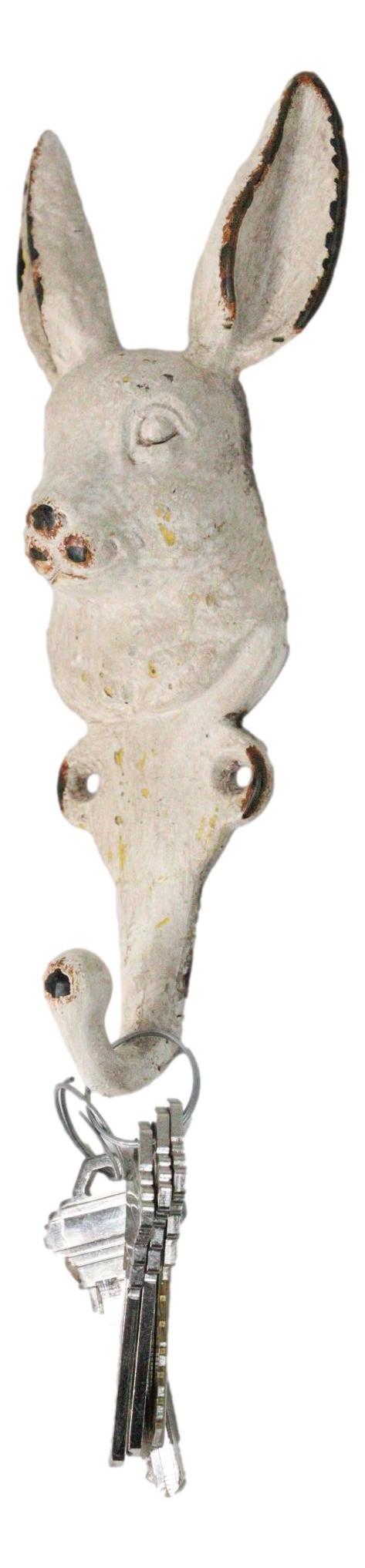 Distressed White Finish Cast Iron Whimsical Bunny Rabbit Wall Coat Hat Hook