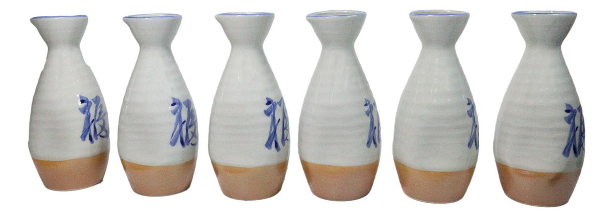 Pack Of 6 White And Caramel Fuku Kanji Japanese Wine Sake Tokkuri Bottle Flask