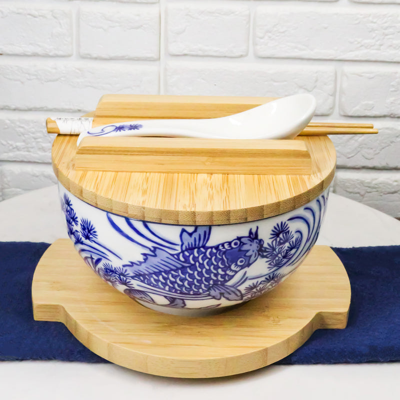 White Blue Koi Fish 28Oz Donburi Ramen Bowl With Lid Trivet Spoon Chopsticks Set