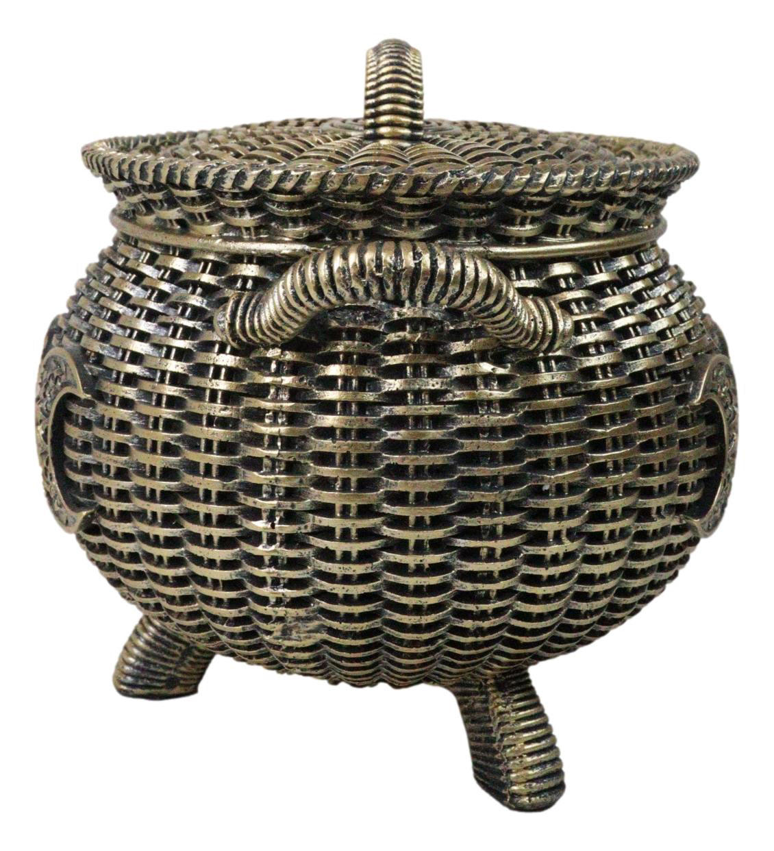 Wiccan Triple Moon Cauldron Pot In Wicker Finish Decorative Trinket Crystals Box - Ebros Gift