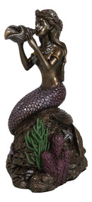 Ocean Marine Mermaid Siren Princess Blowing Sconce Shell On Coral Rock Figurine