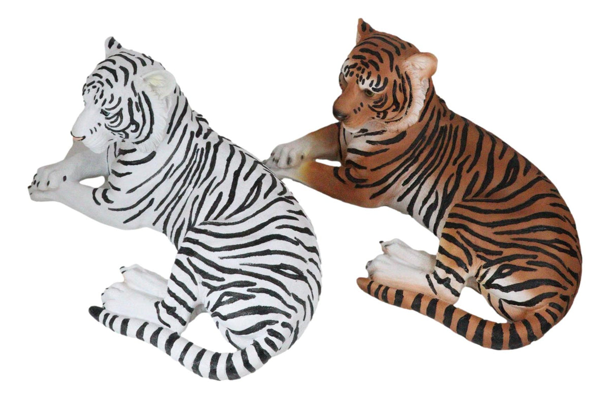 Pair Of Large Siberian And Bengal Tiger Resting 15.5"L Statue Home Garden Decor