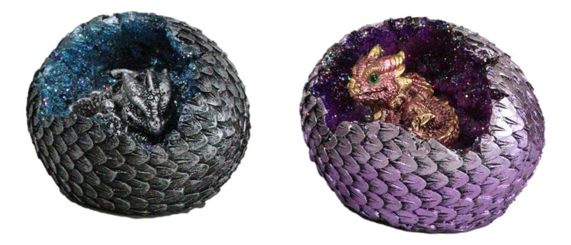 Set of 2 Galaxy Space Baby Dragons In LED Light Faux Geode Quartz Eggs Figurines
