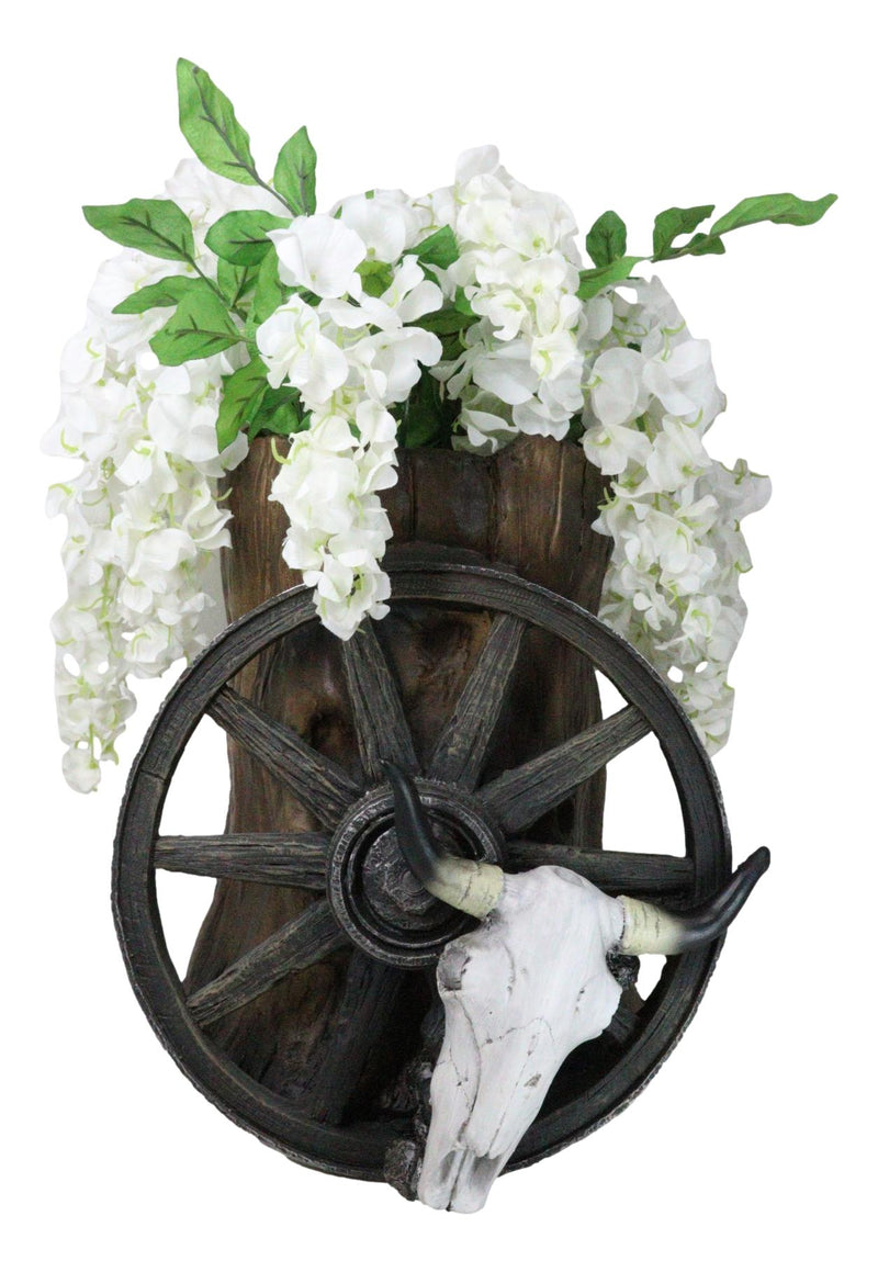 western plant pots Rustic Western Cow Skull Wagon Wheel By Tree Trunk Decorative Planter – Ebros Gift