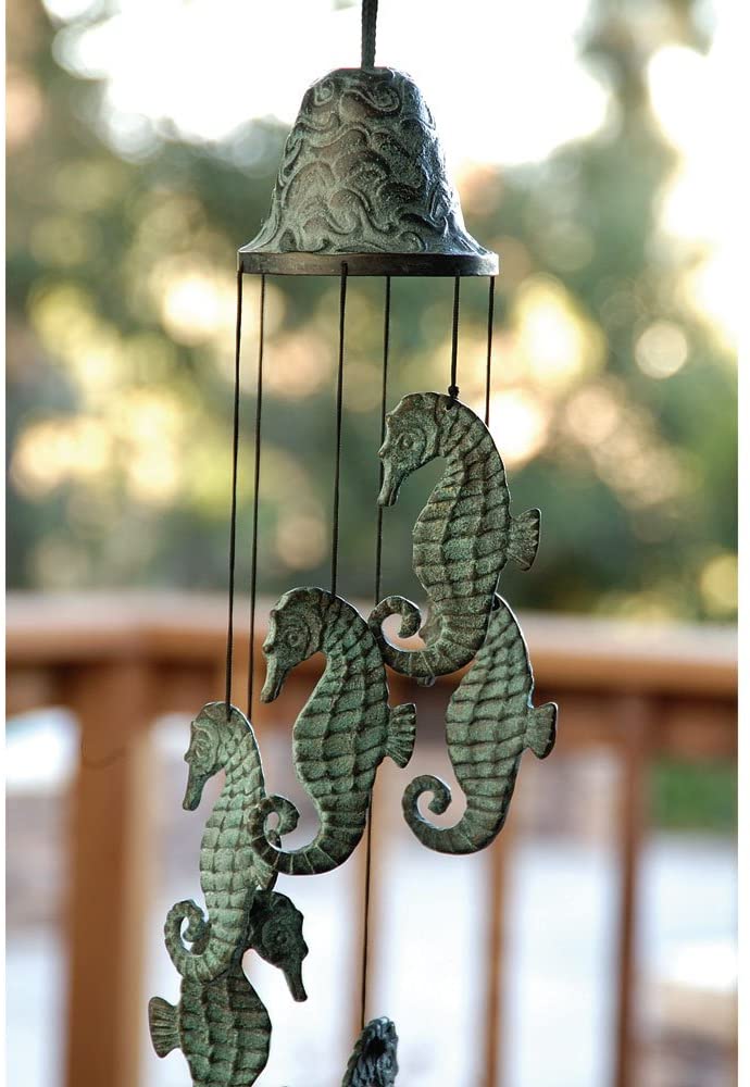 Verdigris Distressed Brass Metal Nautical Bell With Marine Seahorses Wind Chime