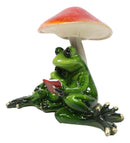 Story Time Green Frog Father Reading Book to Son By Toadstool Mushrooms Figurine
