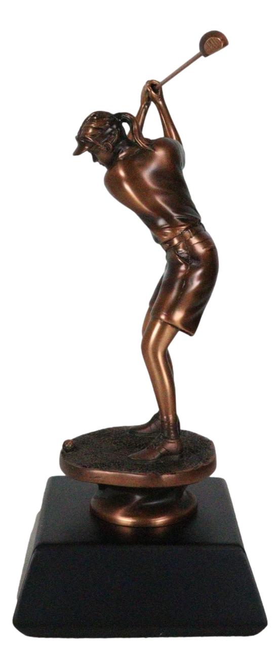 Professional Lady Golfer Swinging Golf Club On A Tee Bronze Electroplated Statue