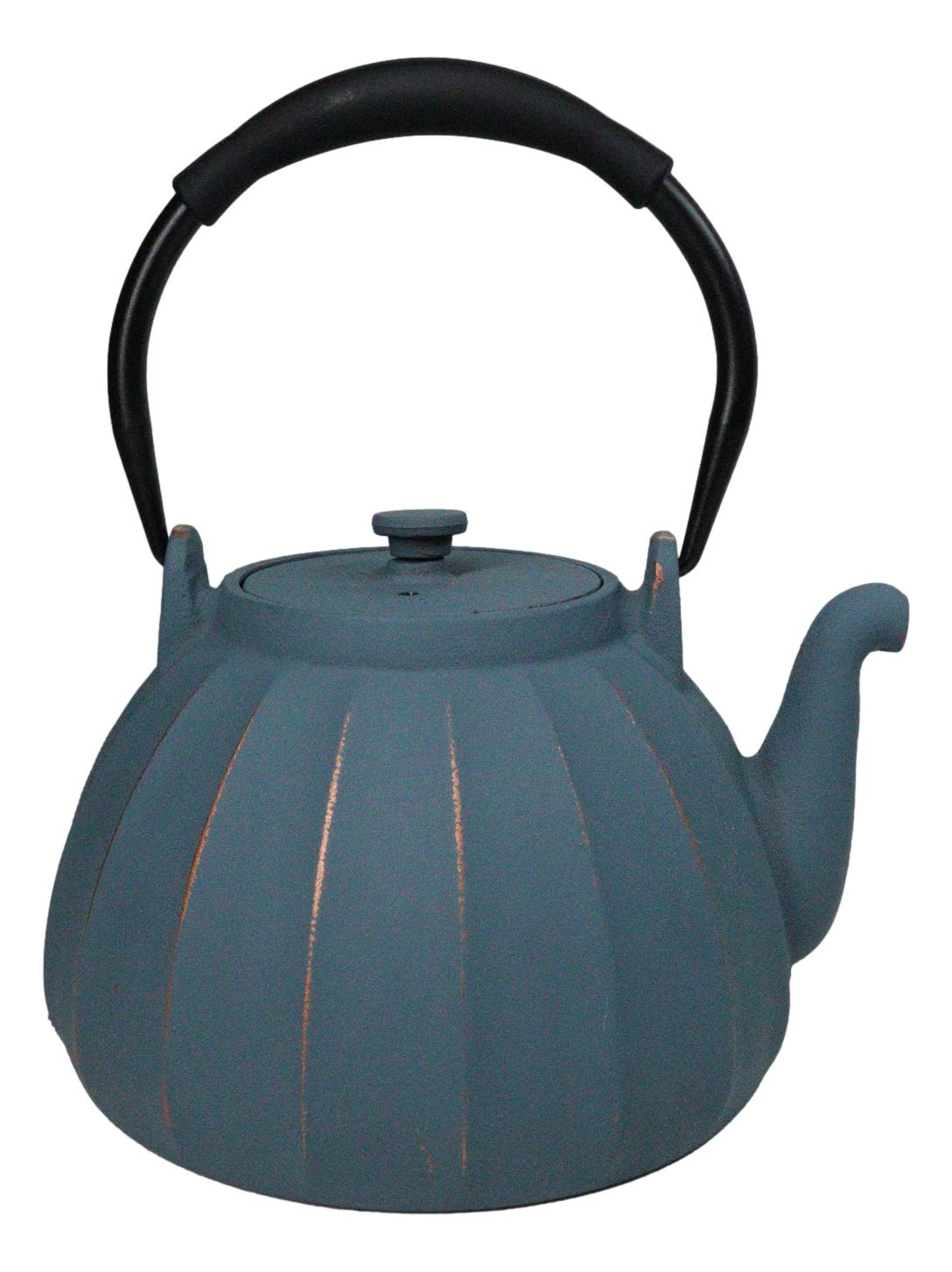 Blue Gold Streaks Wide Base Vertical Lines Medium Cast Iron Teapot 33oz Tea Pot