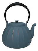 Blue Gold Streaks Wide Base Vertical Lines Medium Cast Iron Teapot 33oz Tea Pot