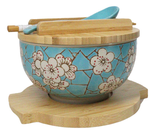 Blue Spring Blossoms Donburi Ramen Bowl With Lid Trivet Spoon Chopsticks Set