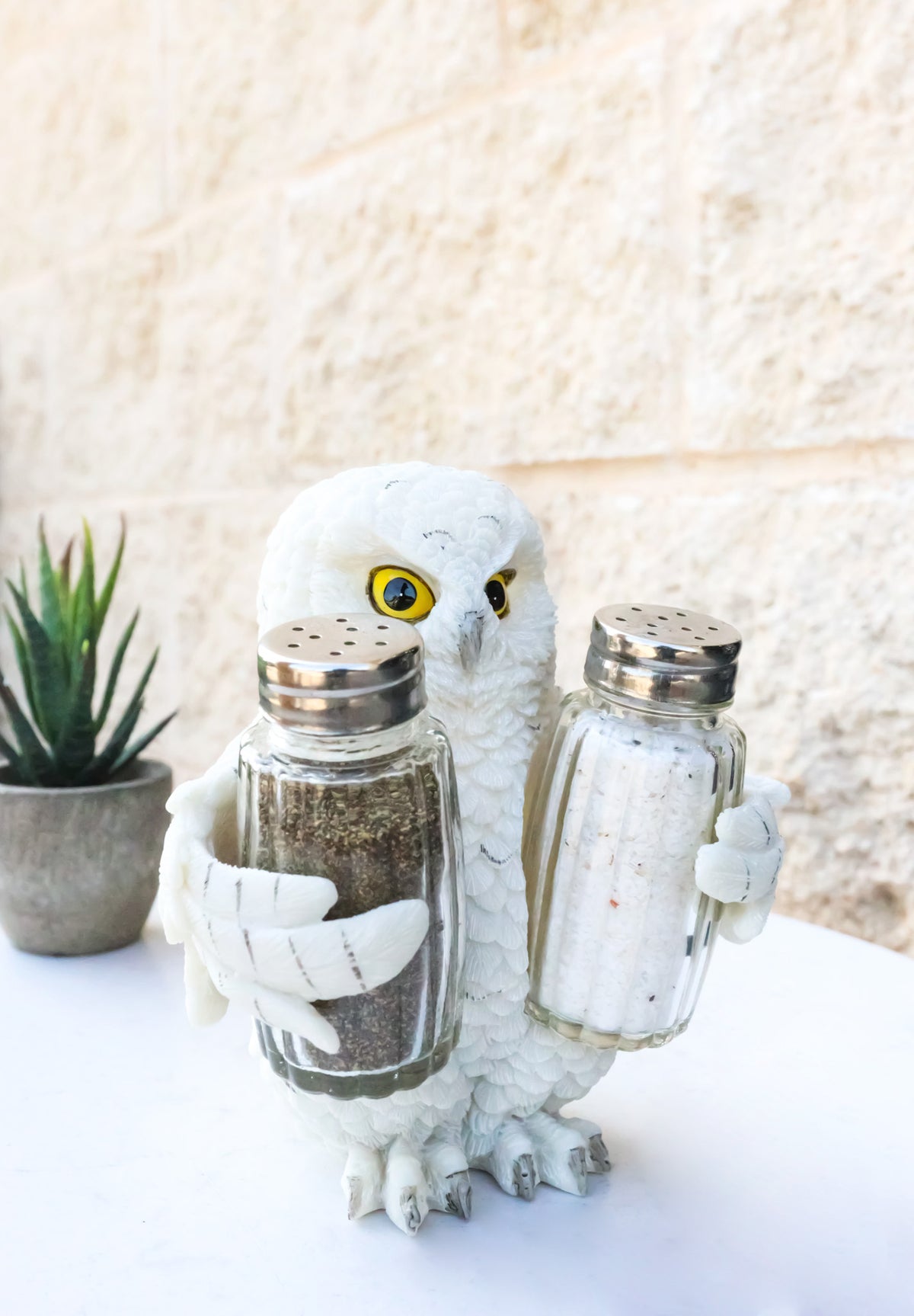 Wisdom Of The Woods Snowy White Owl Salt and Pepper Shakers Holder Set 5.5"H