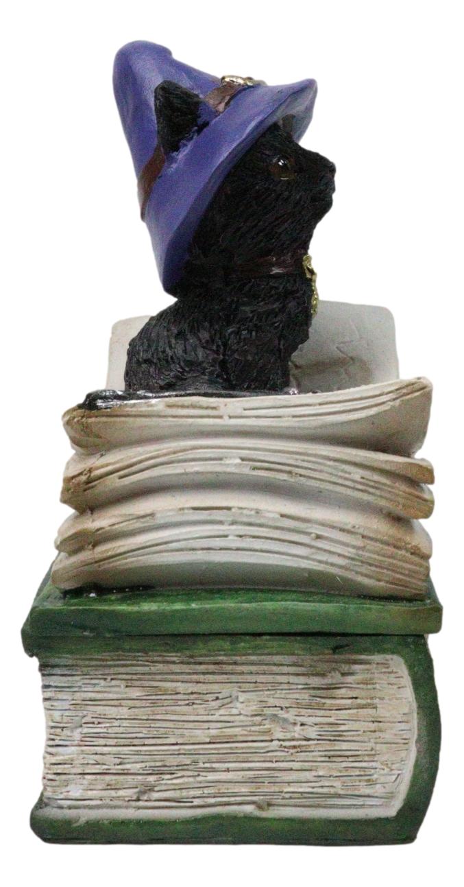 Mystical Black Cat with Witch Hat On Green Book of Spells Small Trinket Box