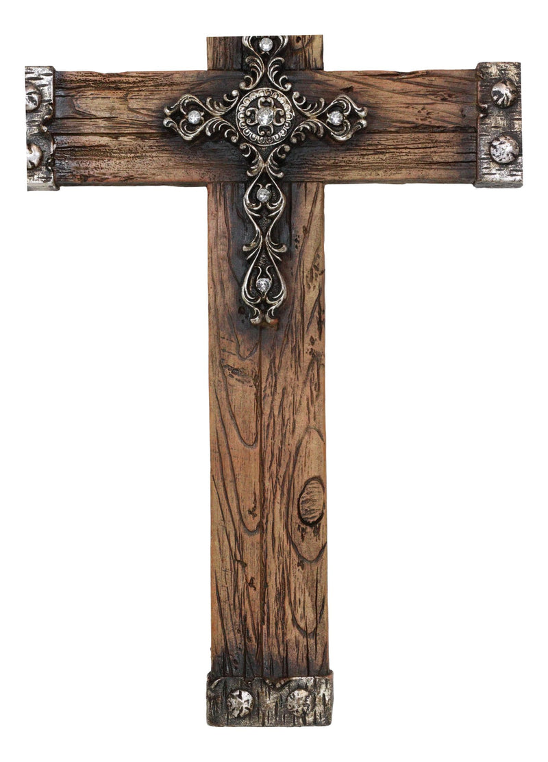 Rustic Western Faux Wood Grain With Layered Silver Scroll Crystals Wall Cross