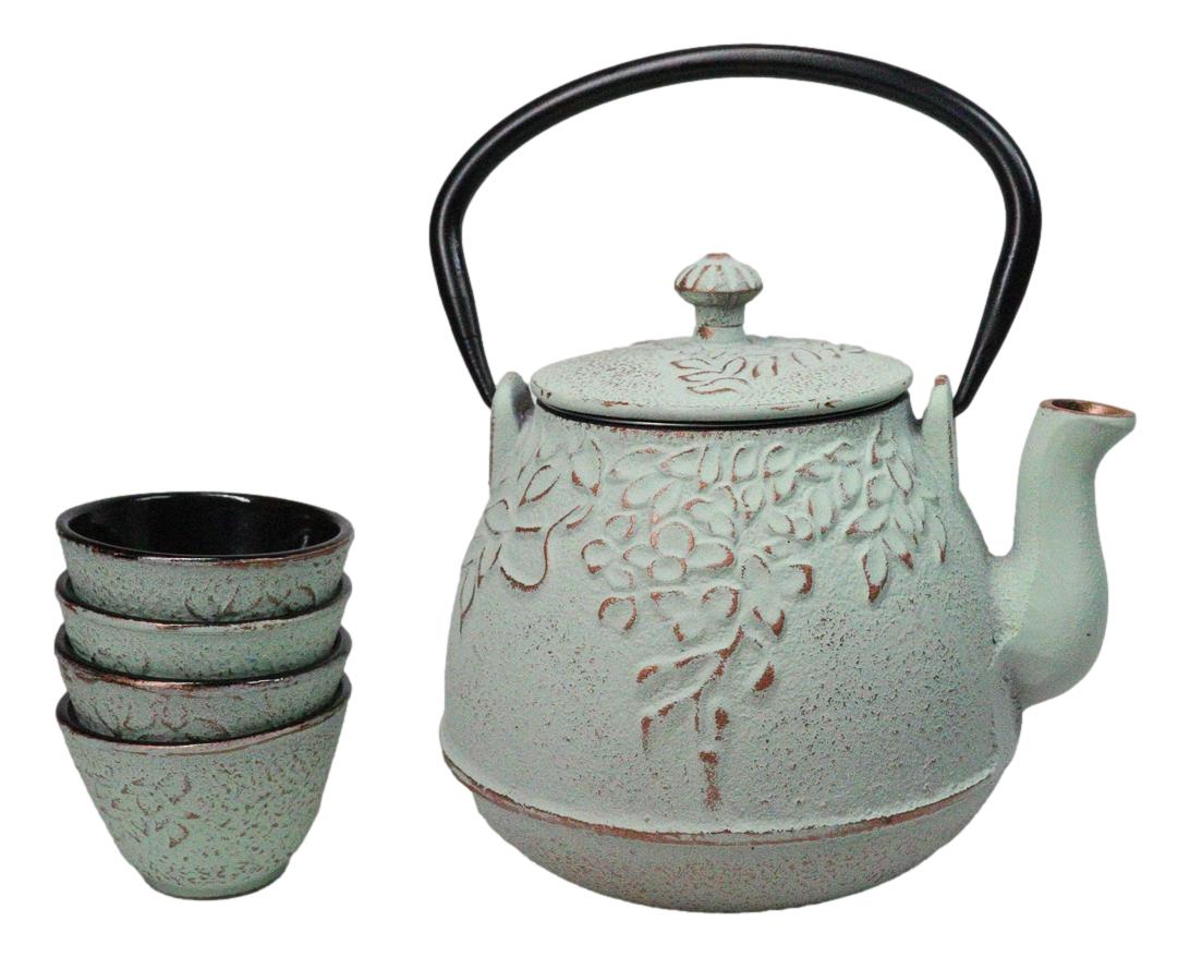 Mint Green Leaves Floral Motif Tetsubin 27oz Cast Iron Tea Pot With 4 Cups Set