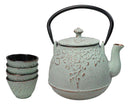 Mint Green Leaves Floral Motif Tetsubin 27oz Cast Iron Tea Pot With 4 Cups Set