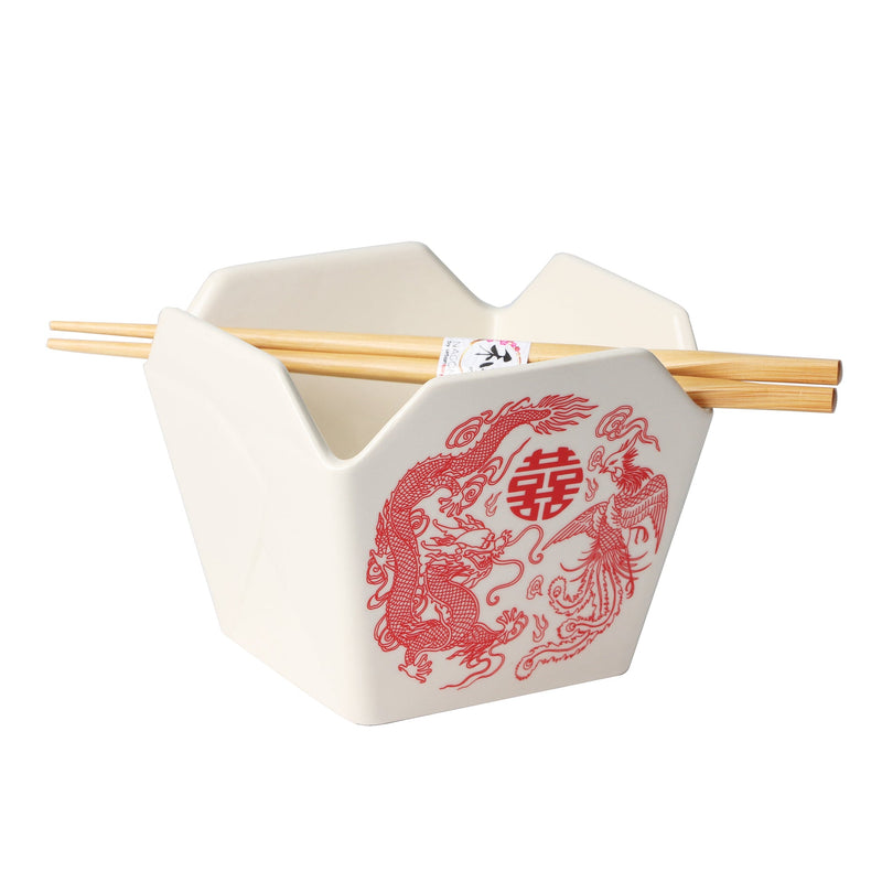 Dragon And Phoenix Feng Shui Takeout To Go Box Serving Bowl With Chopsticks Set
