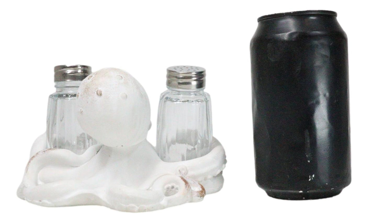 Antique White Nautical Marine Cephalopod Octopus Salt Pepper Shakers Holder Set