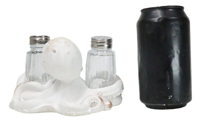 Antique White Nautical Marine Cephalopod Octopus Salt Pepper Shakers Holder Set