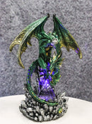 Metallic Green and Gold Rune Dragon Guarding Glass Prism Crystals Figurine 10"H