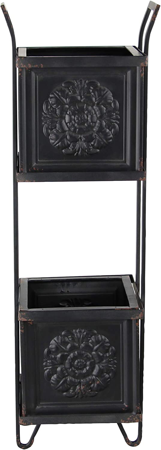 Rustic Farmhouse 2 Tiered Black Metal Box Planters With French Floral Design