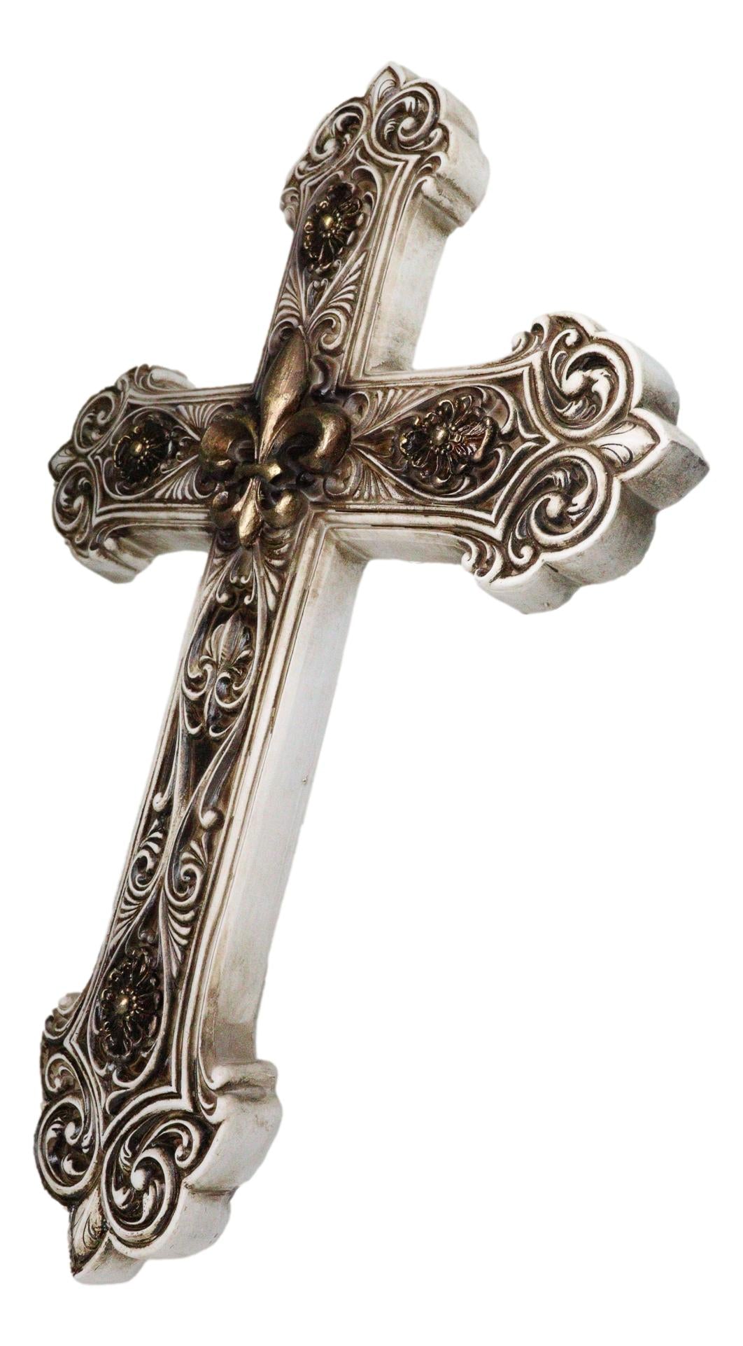 Rustic Royal French Fleur De Lis Emblem with Ornate Scrollwork Wall Cross Decor
