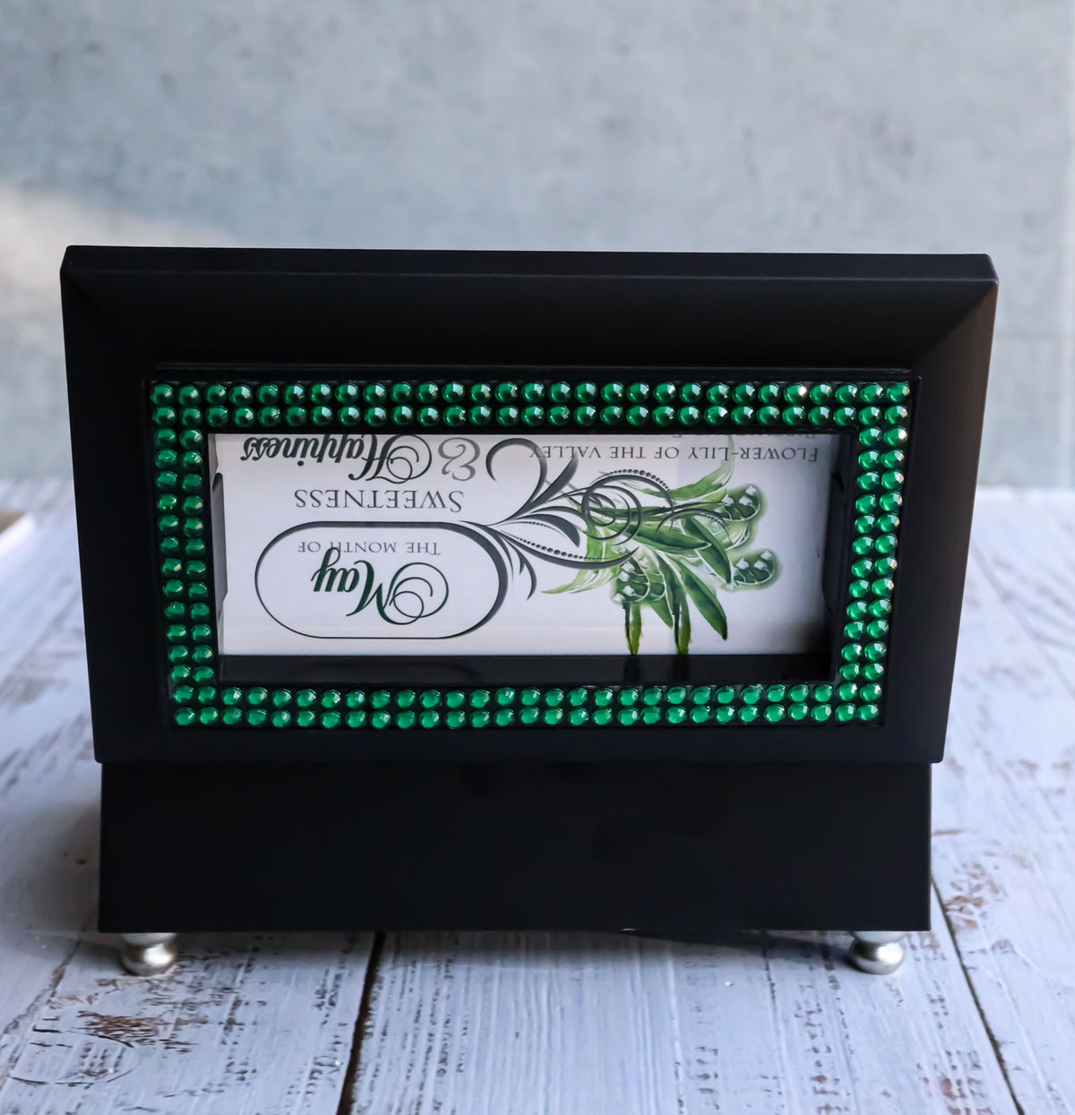 May Month Emerald Birthstone Sweetness And Happiness Black Musical Trinket Box