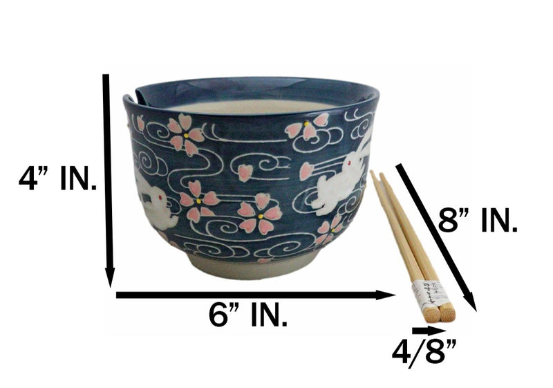 Pink Sakura White Rabbits Large 24Oz Donburi Ramen Bowl With Chopsticks Set