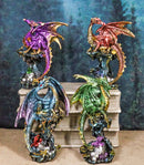 Set Of 4 Metallic Colorful Fantasy Dragons Perching On Rock Towers Figurines