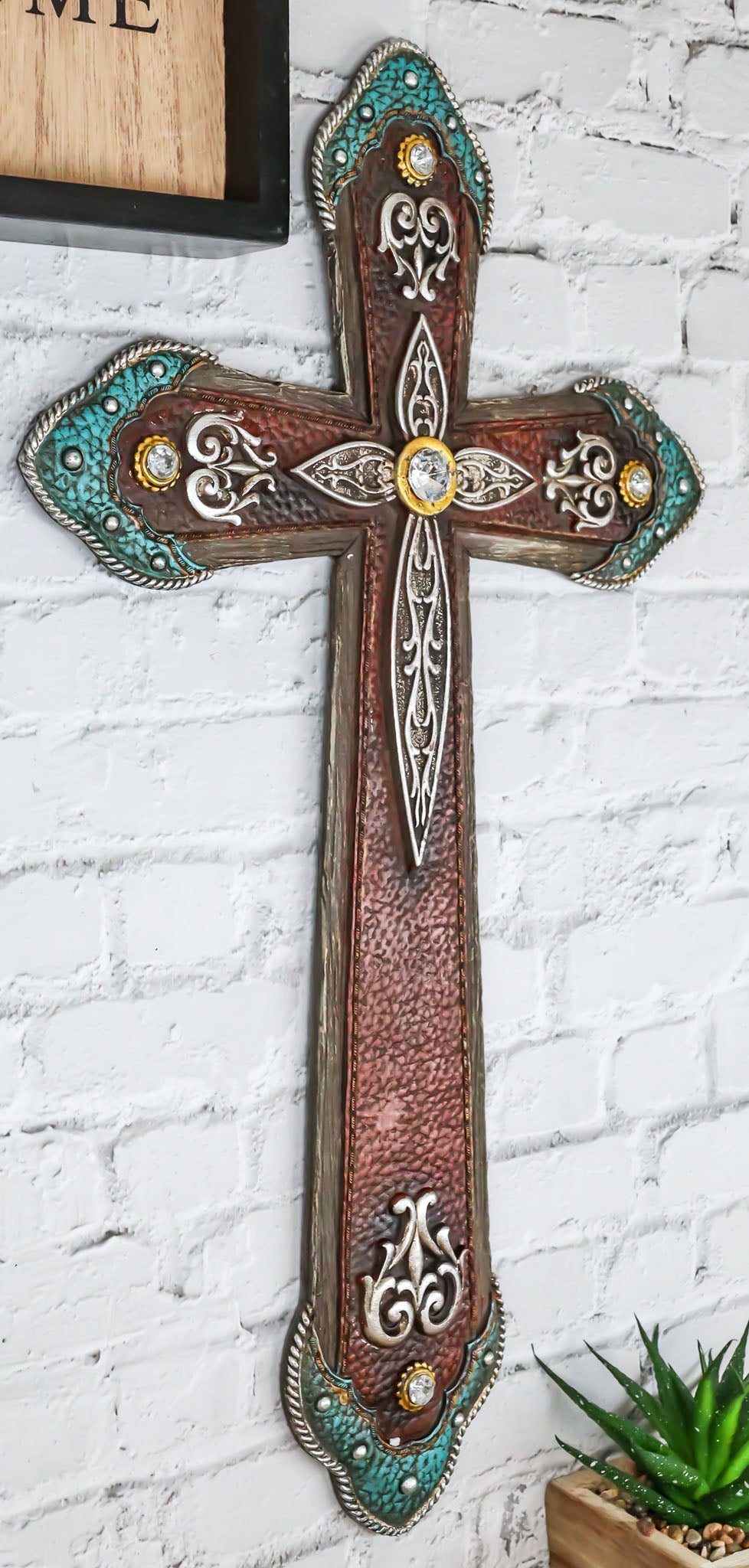 Rustic Western Cowboy Diamond Teardrop Crystals Tooled Leather Wall Cross Plaque